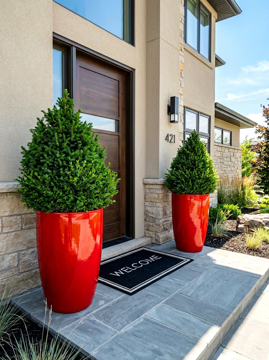 High Gloss Red Statement Planters - 30 oversized planter curb appeal ideas