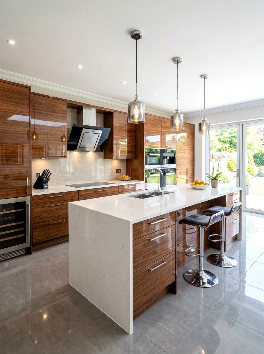 High Gloss Walnut Kitchen - 30 walnut kitchen cabinet ideas