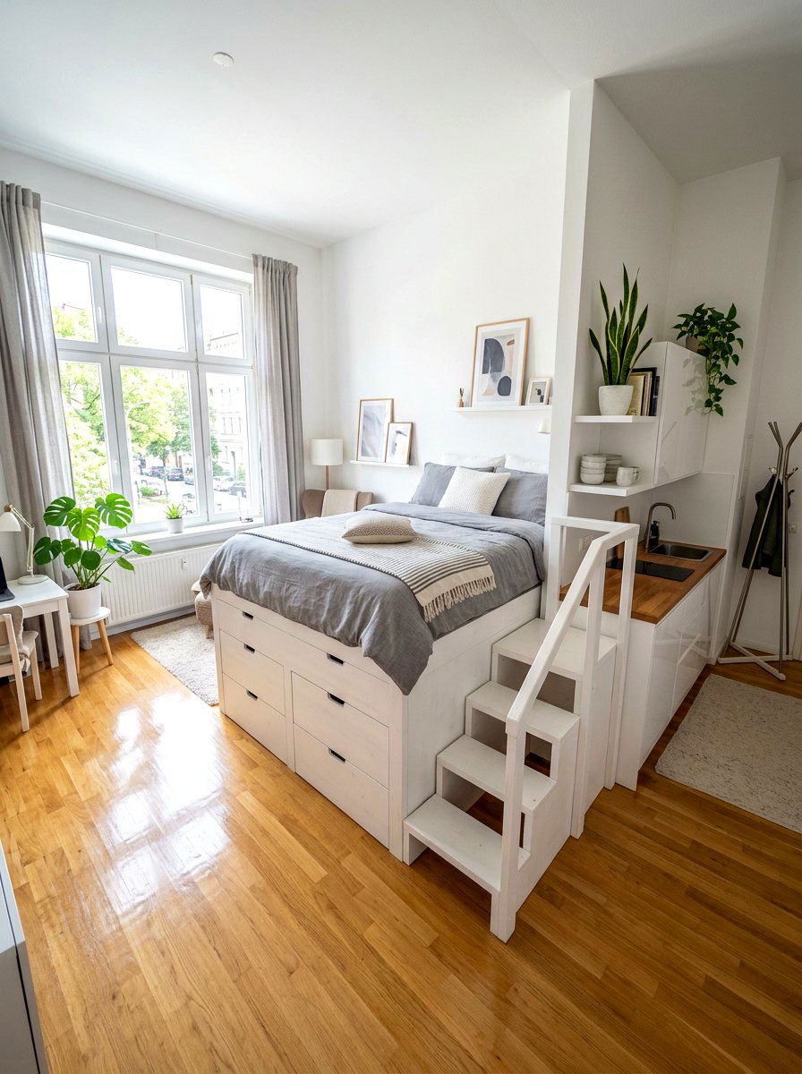 High Platform Bed - 30 storage bed apartment ideas