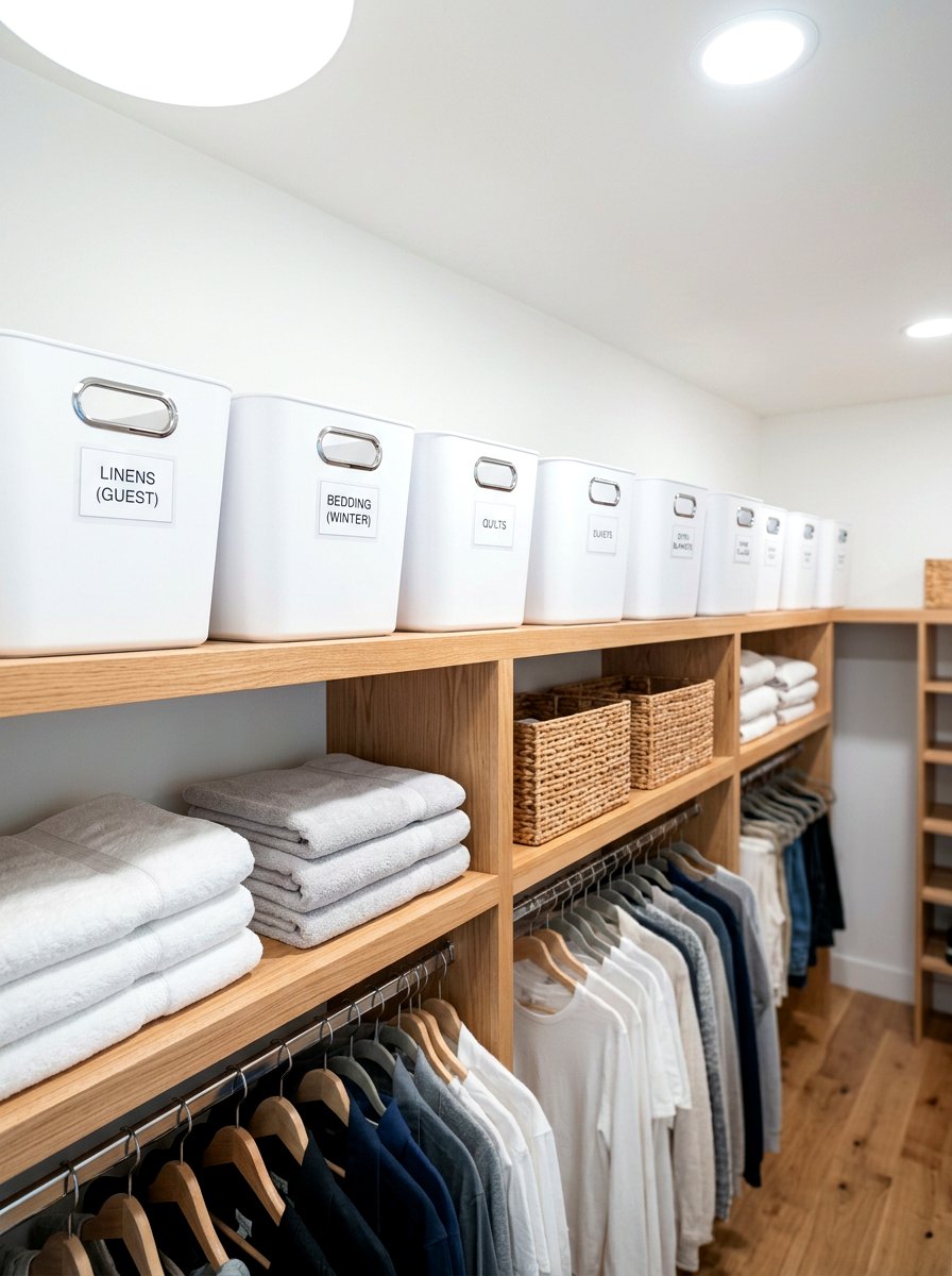 High Shelf Storage Bins - 30 organizing small closets ideas