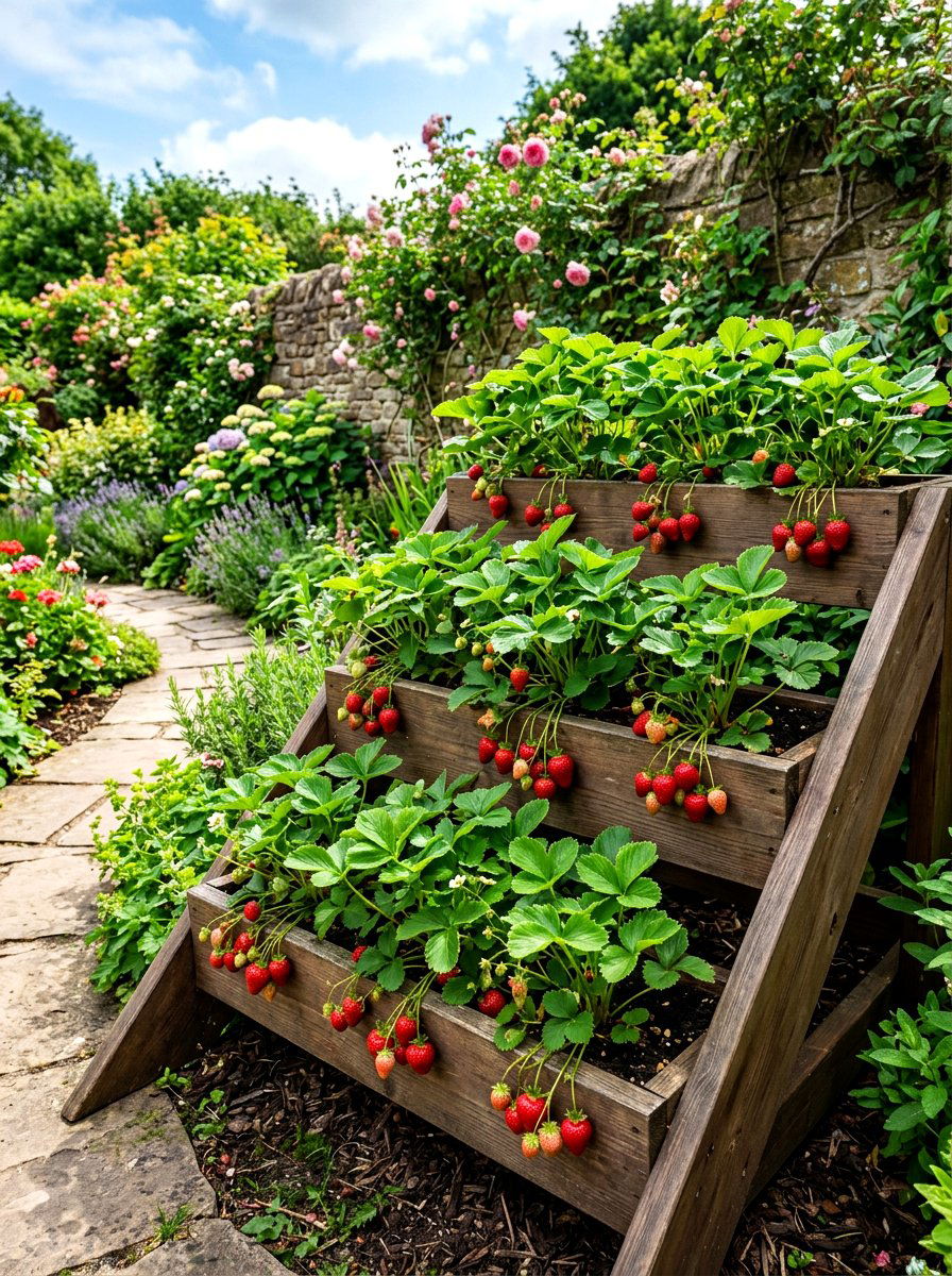High Yield Tiered Strawberry Garden - 30 berry patch layout ideas