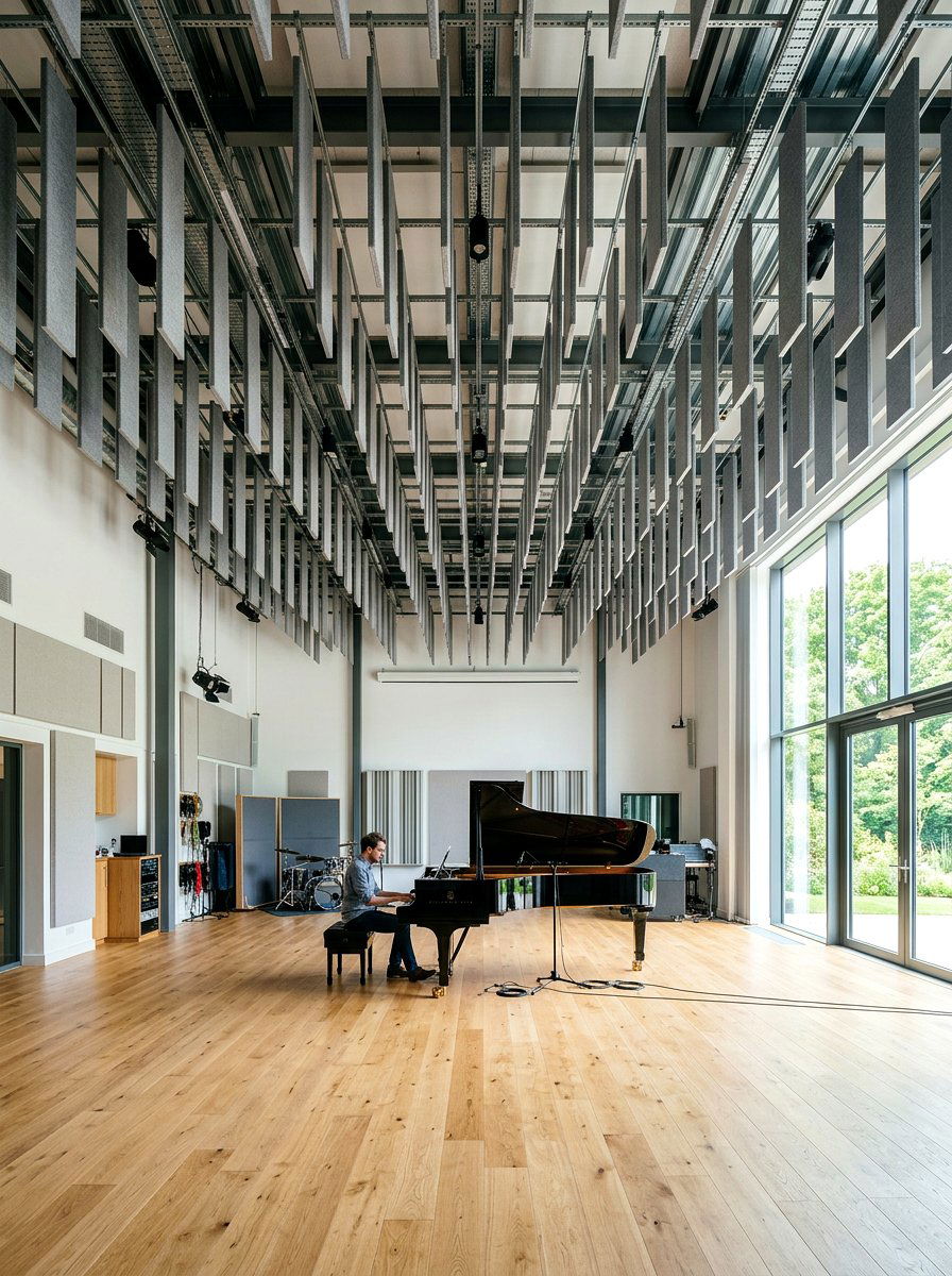 High ceiling baffle studio - 30 recording room ideas