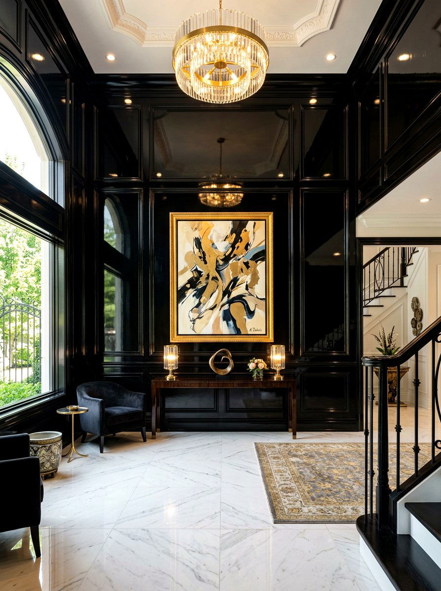 High gloss black paneling - 30 foyer wall molding ideas