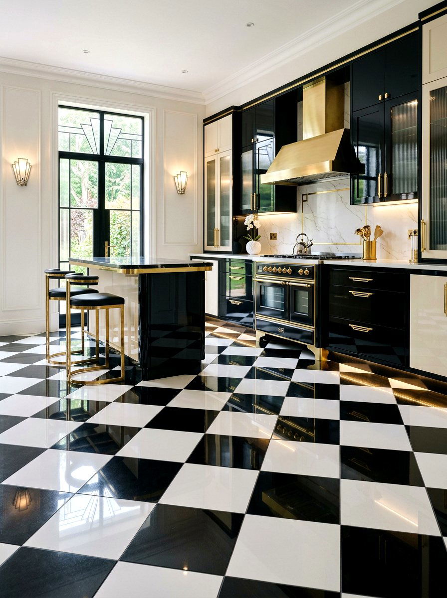 High gloss checkerboard tile floor - 30 checkerboard kitchen tile ideas