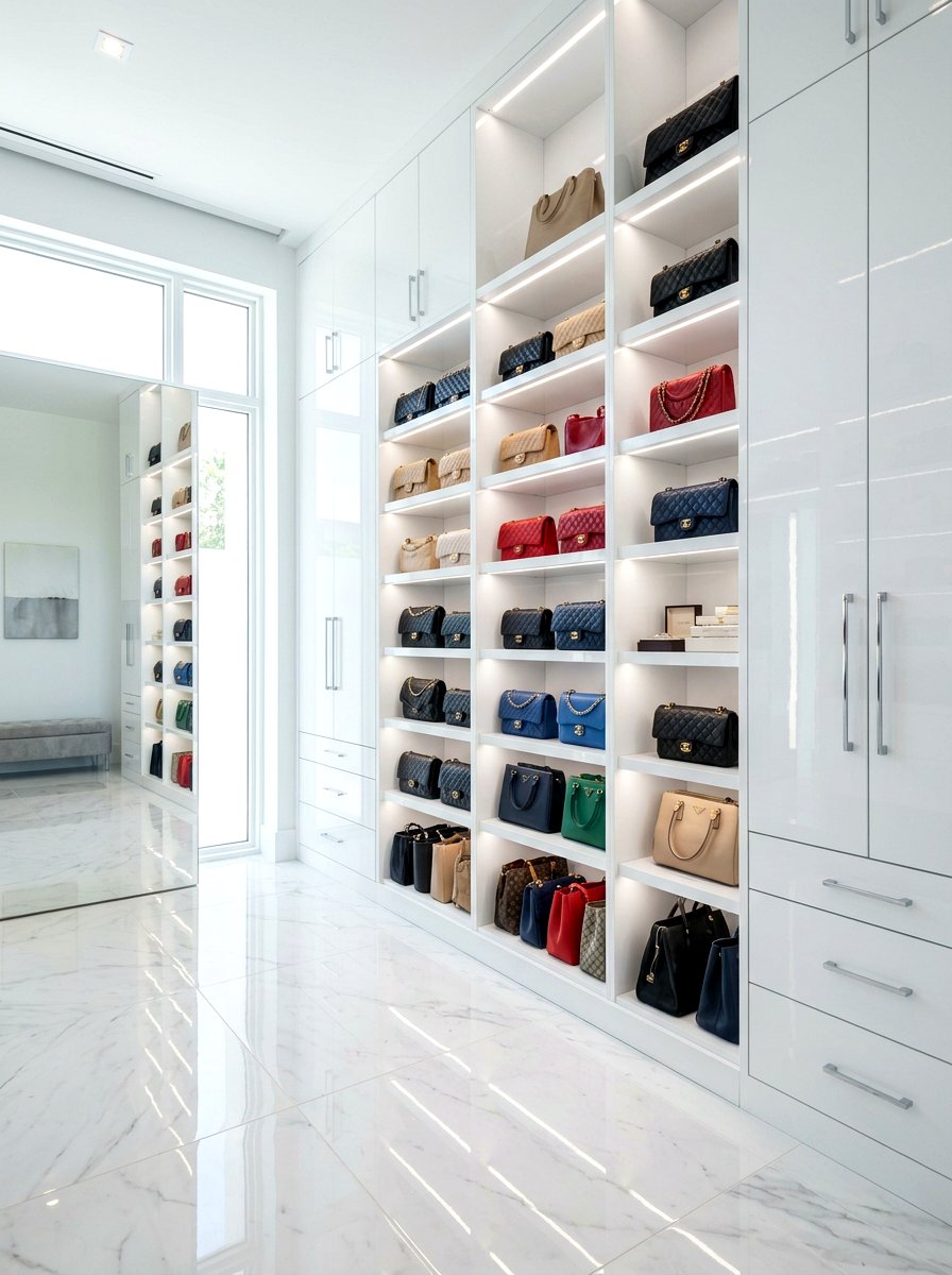 High gloss white closet units - 30 purse display closet ideas