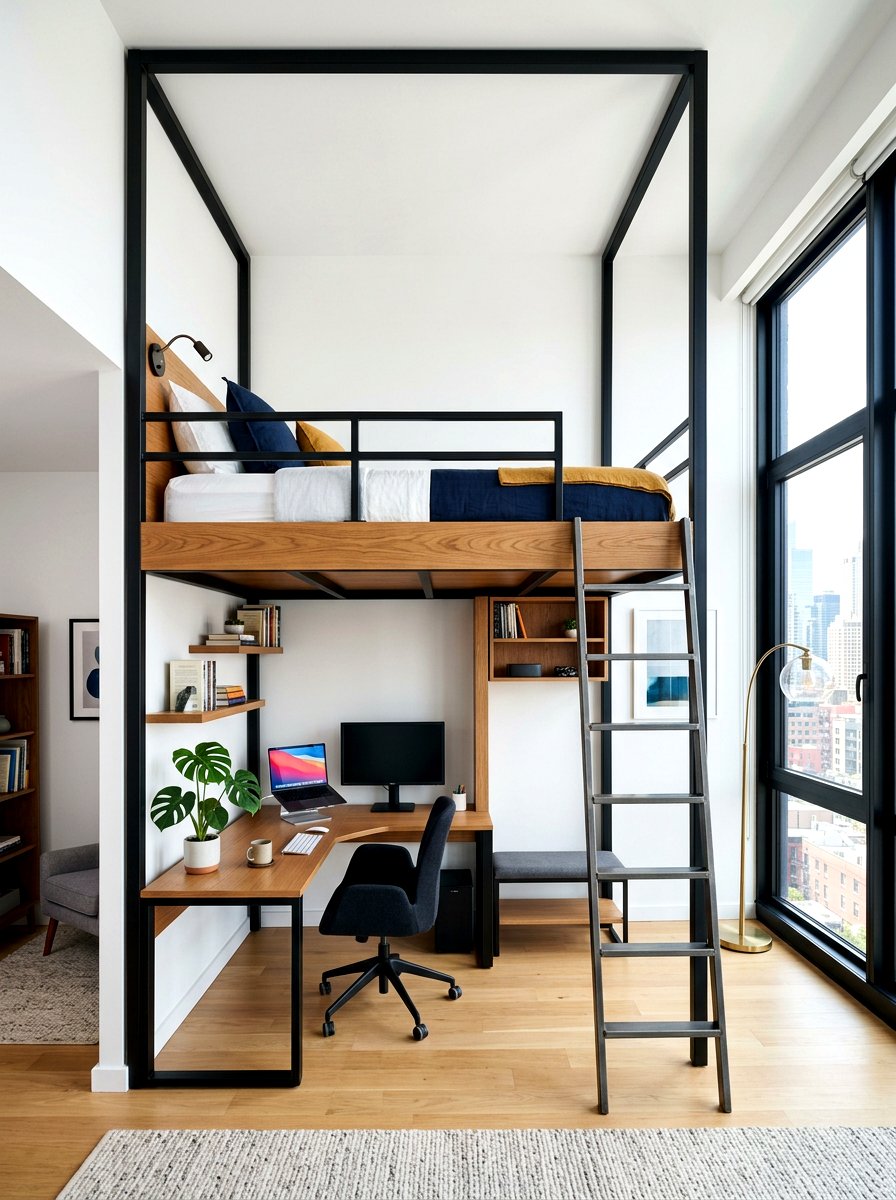 High loft bed with corner office - 30 loft bed office combo ideas