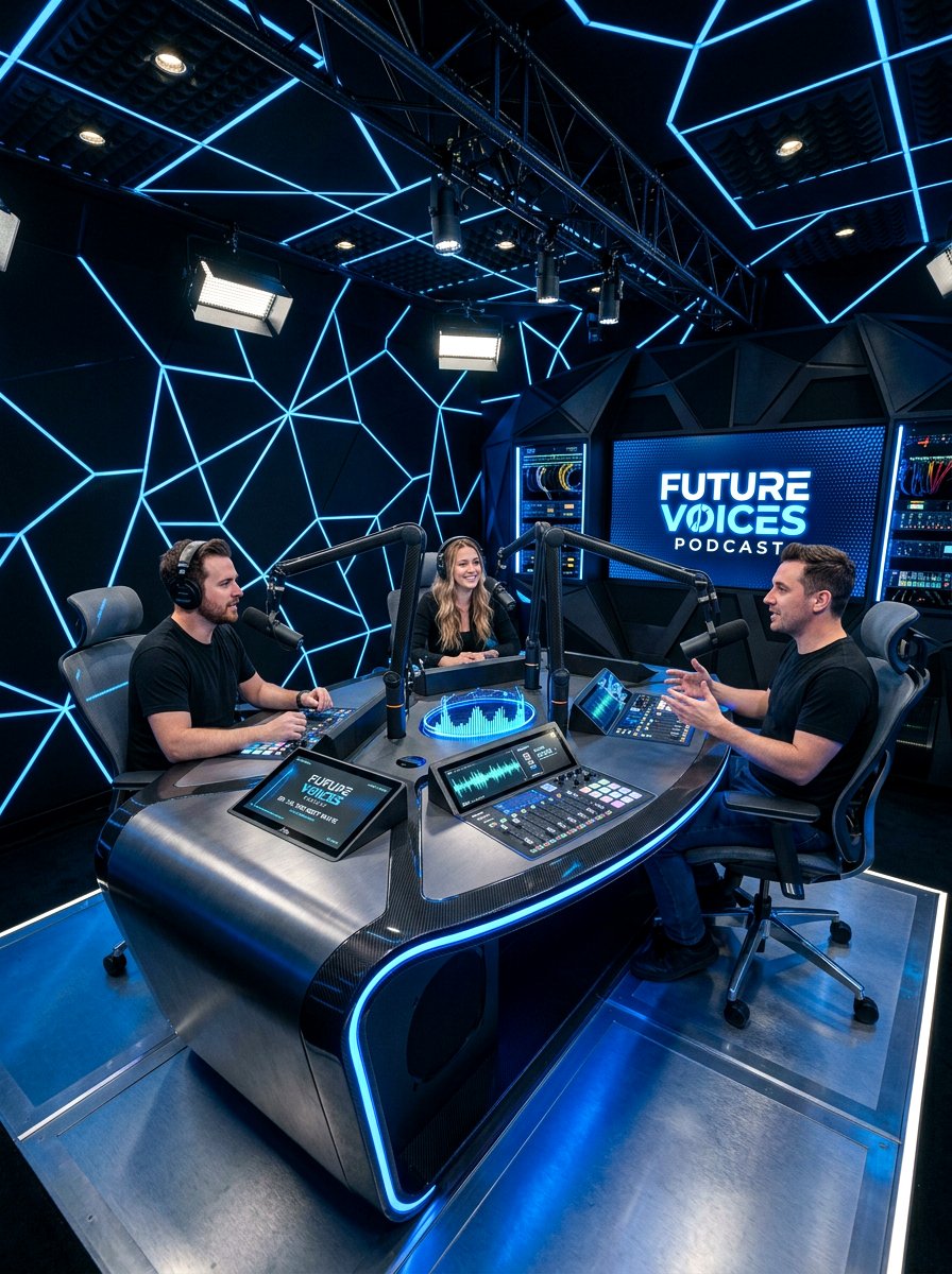 High tech futuristic podcast setup - 30 podcast room ideas