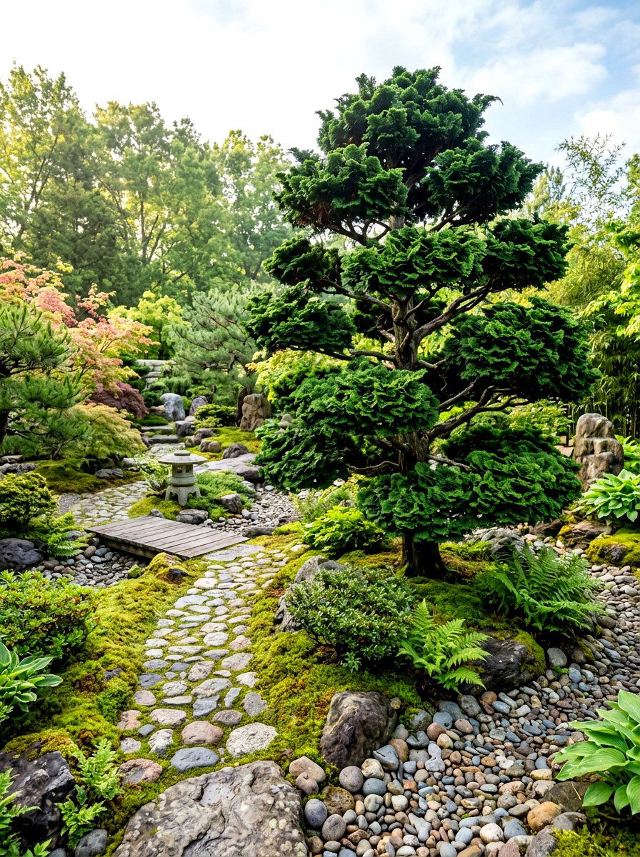 Hinoki Cypress Garden Path - 30 ornamental tree landscaping ideas