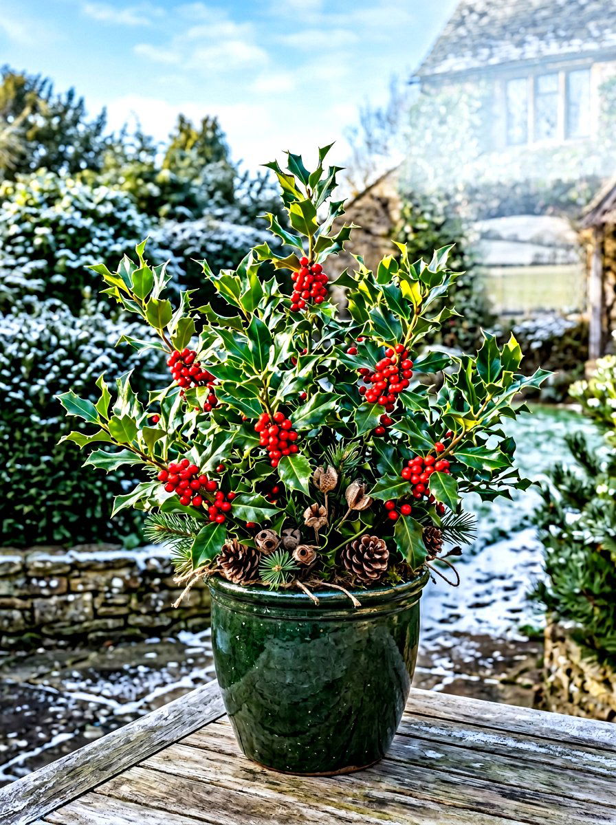 Holly Branch Arrangement - 30 winter container garden ideas