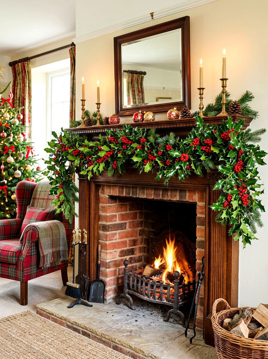 Holly Leaf Mantel - 30 holiday mantel garland ideas