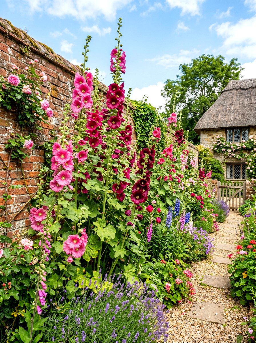 Hollyhock Border - 30 edible flower garden ideas