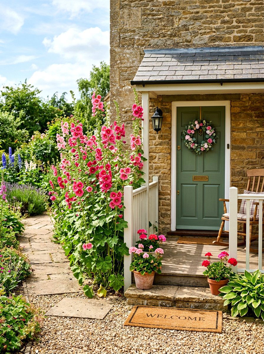 Hollyhock Porch Border - 30 English cottage front porch ideas