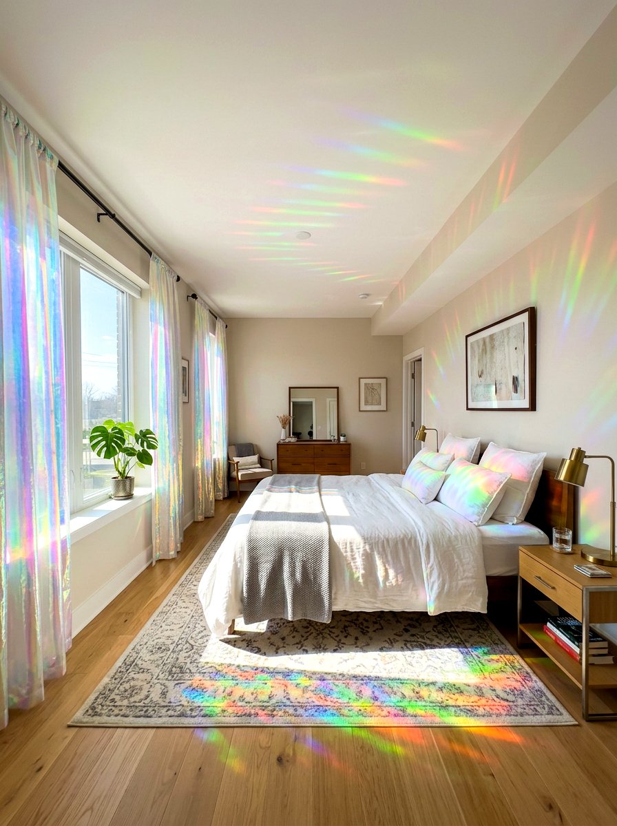 Holographic curtain panels - 30 iridescent home decor ideas