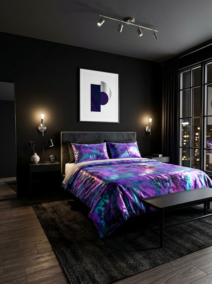 Holographic velvet bedding bedroom style - 30 futuristic glam bedroom ideas