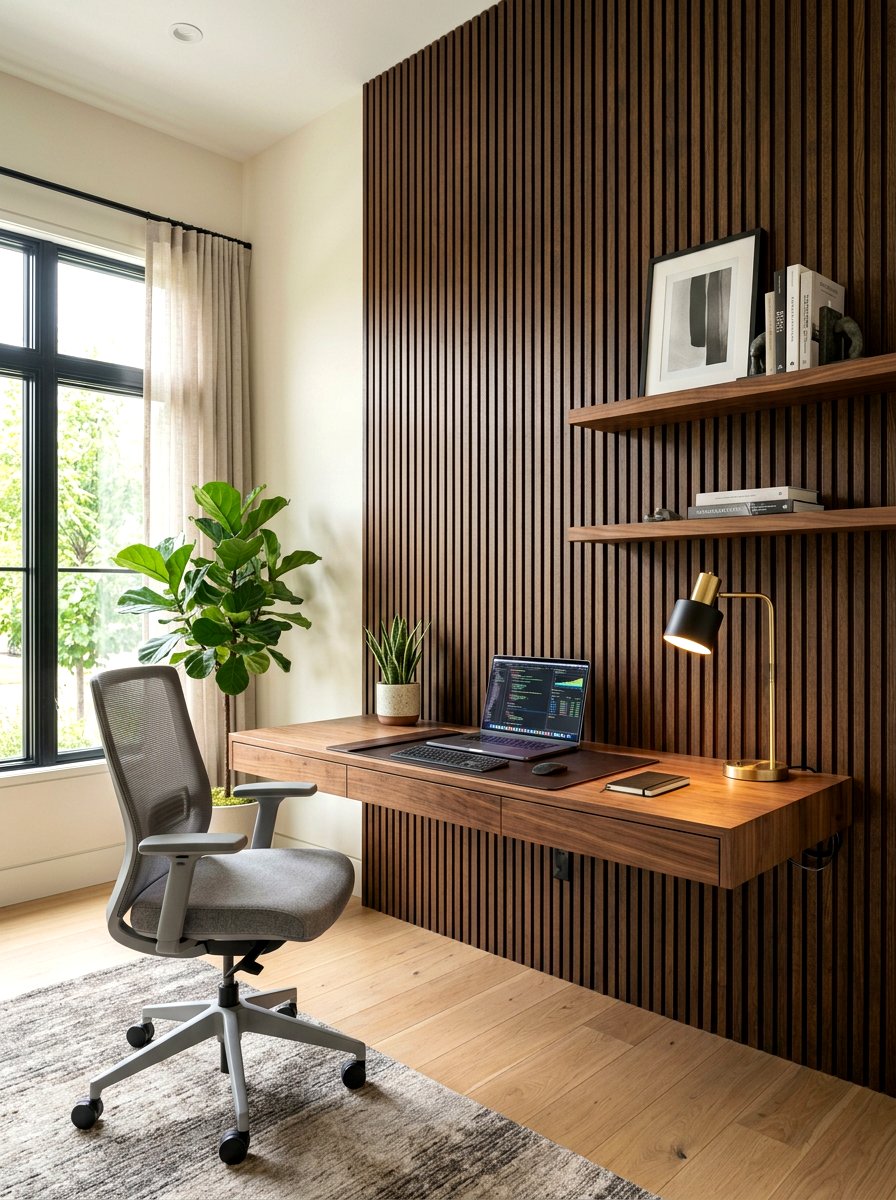 Home Office Fluted Backdrop - 30 fluted wood wall ideas
