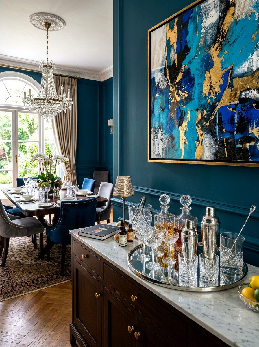Home bar setup on dining room buffet - 30 dining room sideboard styling ideas