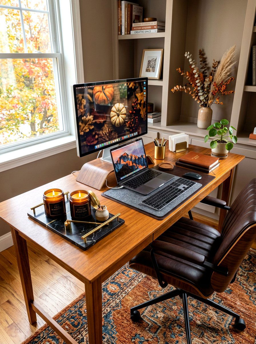 Home office desk fall candle setup - 30 candle heavy fall decor ideas