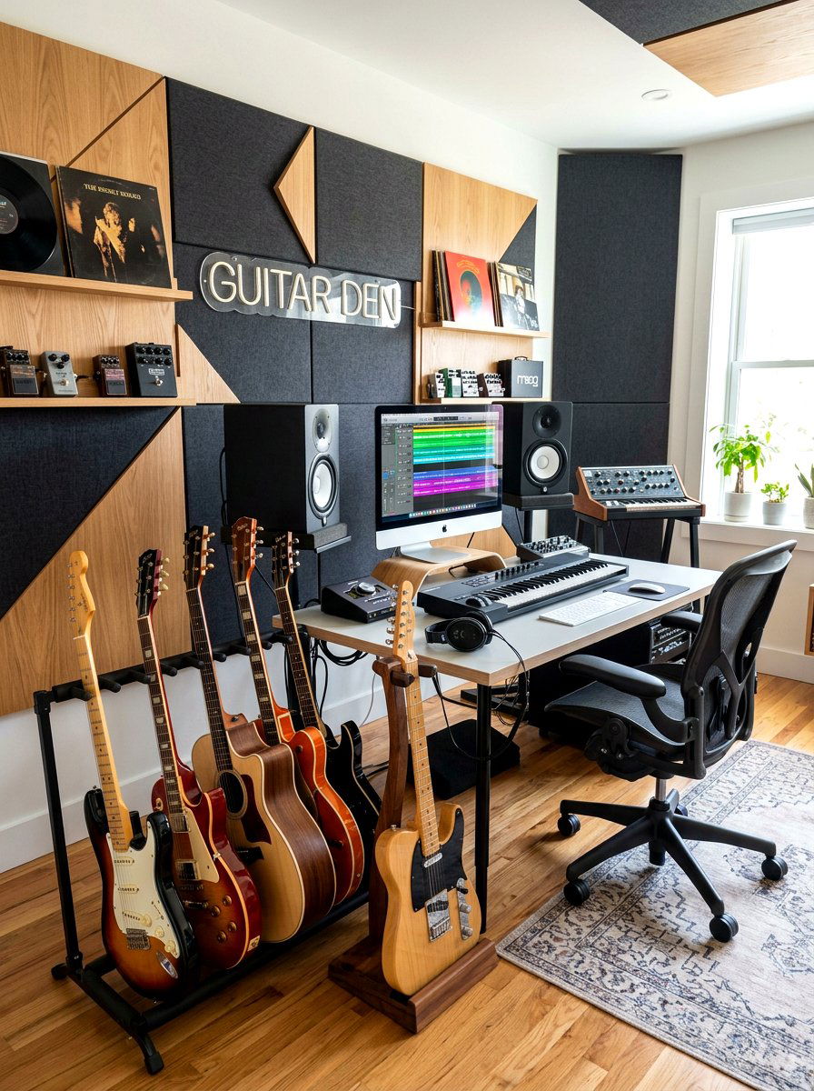 Home studio guitar setup - 30 guitar wall display ideas