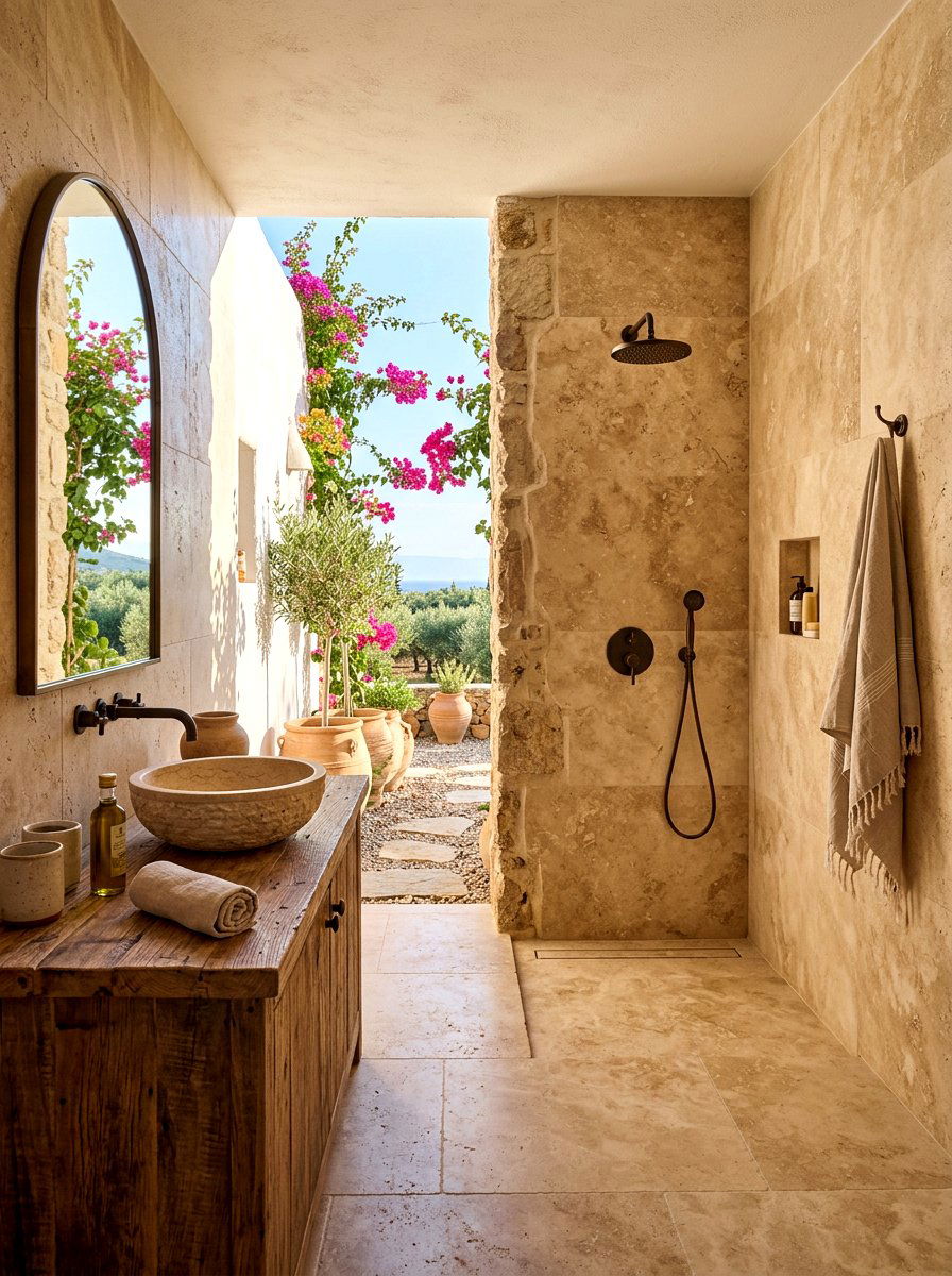 Honed Travertine Shower - 30 stone slab shower wall ideas