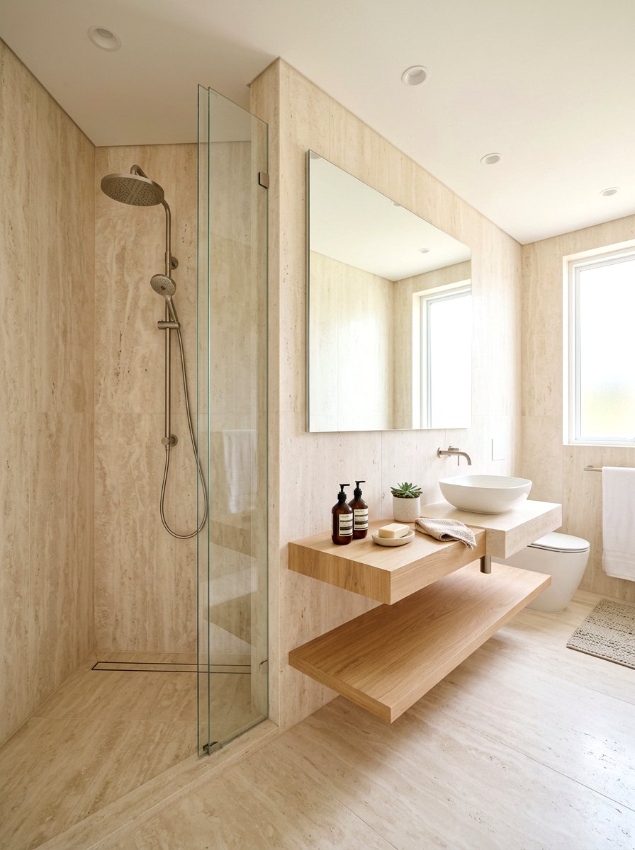 Honed Travertine Wall - 30 travertine bathroom ideas