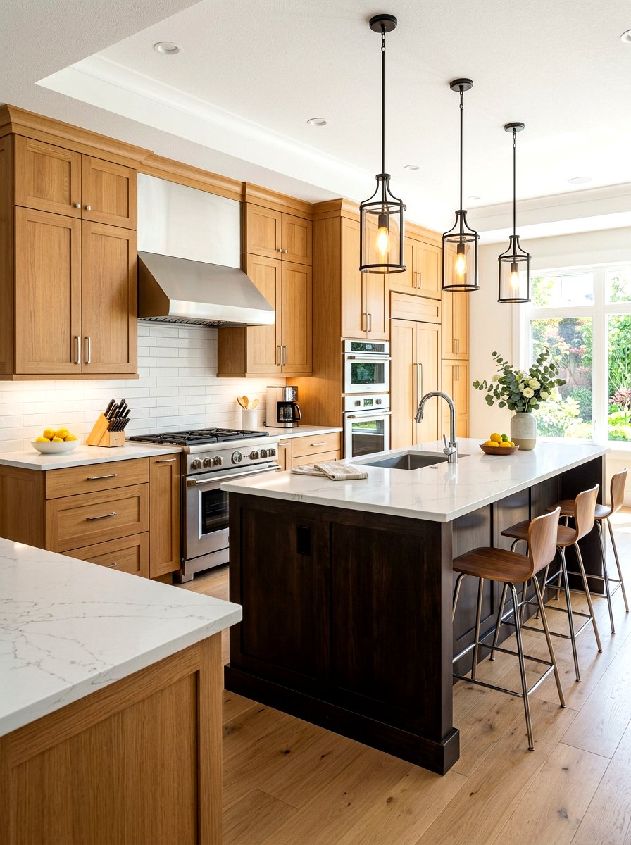 Honey Oak Cabinets and Espresso Island Kitchen - 30 mixed wood tone decor ideas