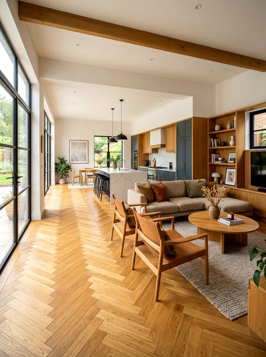 Honey Oak Herringbone Open Concept - 30 herringbone floor ideas