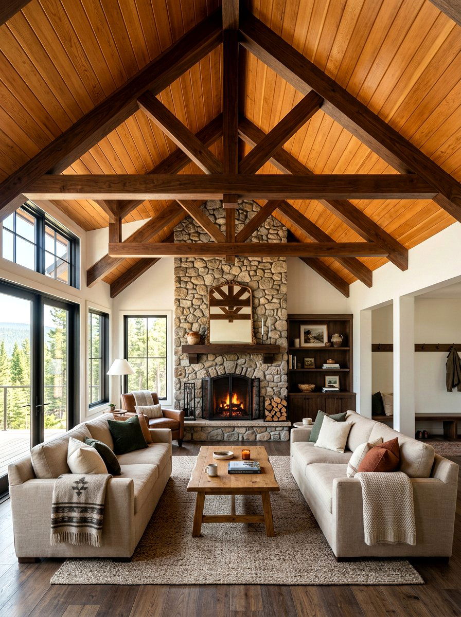 Honey Tone Wood Ceiling with Dark Rafters Room - 30 mixed wood tone decor ideas