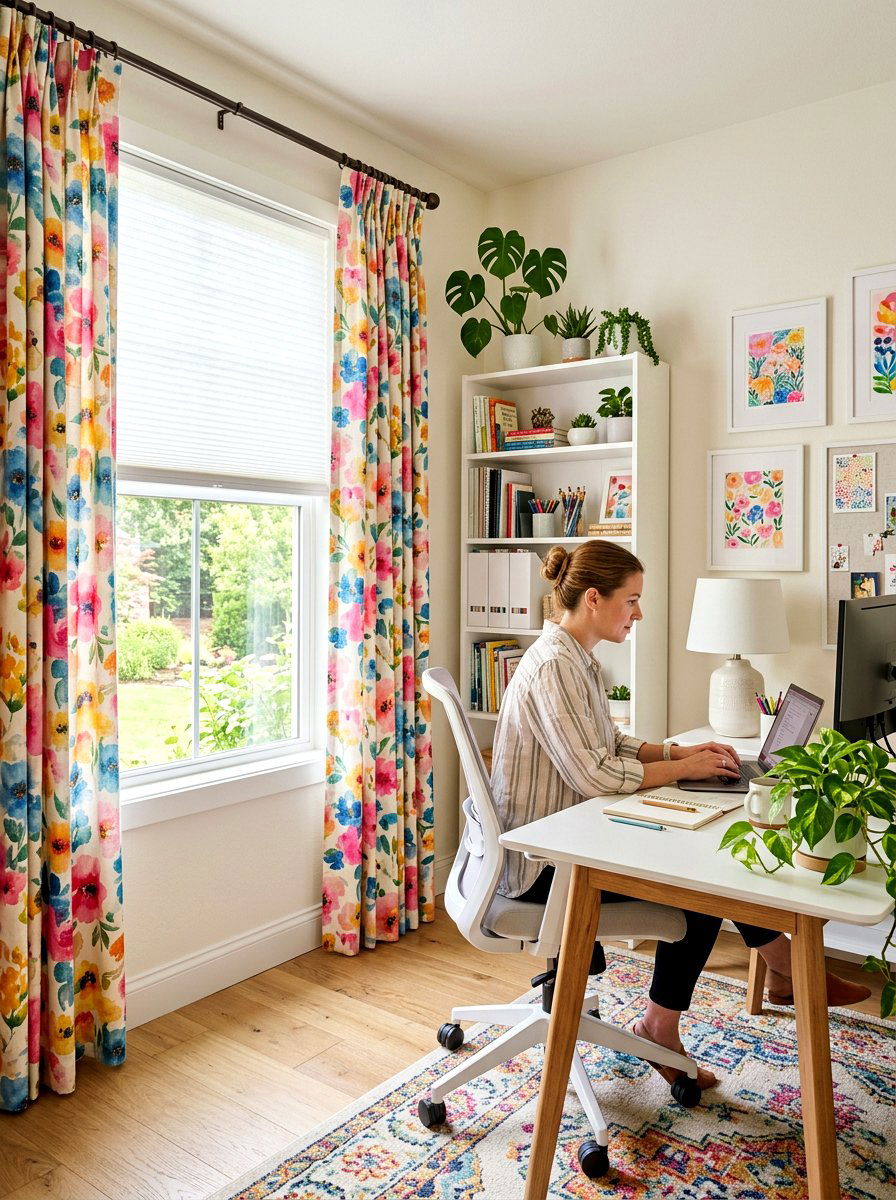Honeycomb Shade With Patterned Curtains - 30 blind and curtain combo ideas