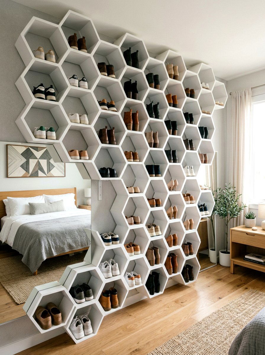 Honeycomb Shoe Shelf - 30 shoe wall storage ideas