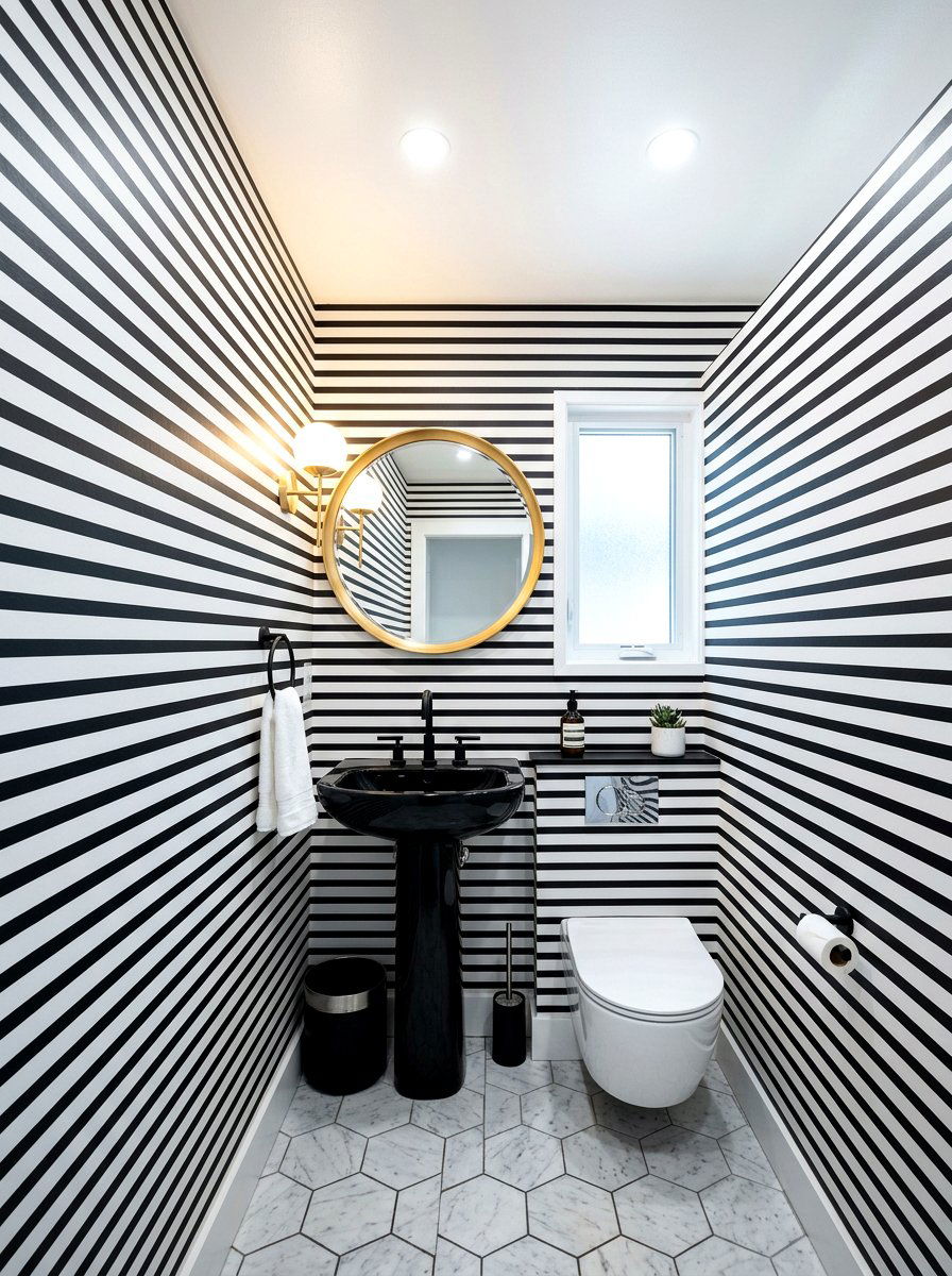 Horizontal Black And White Stripe Bathroom - 30 striped bathroom wallpaper ideas