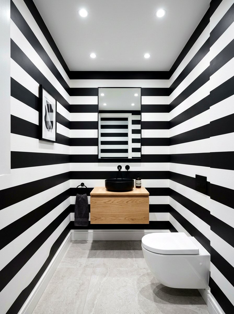 Horizontal Black White Painted Stripe - 30 stripe powder bath ideas