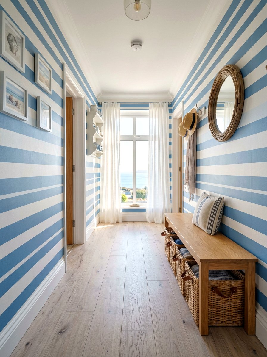Horizontal Blue Striped Wall - 30 striped hallway ideas