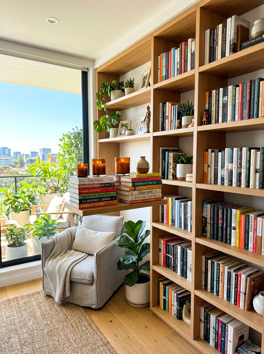 Horizontal Book Stacking - 30 aesthetic bookshelf styling apartment ideas