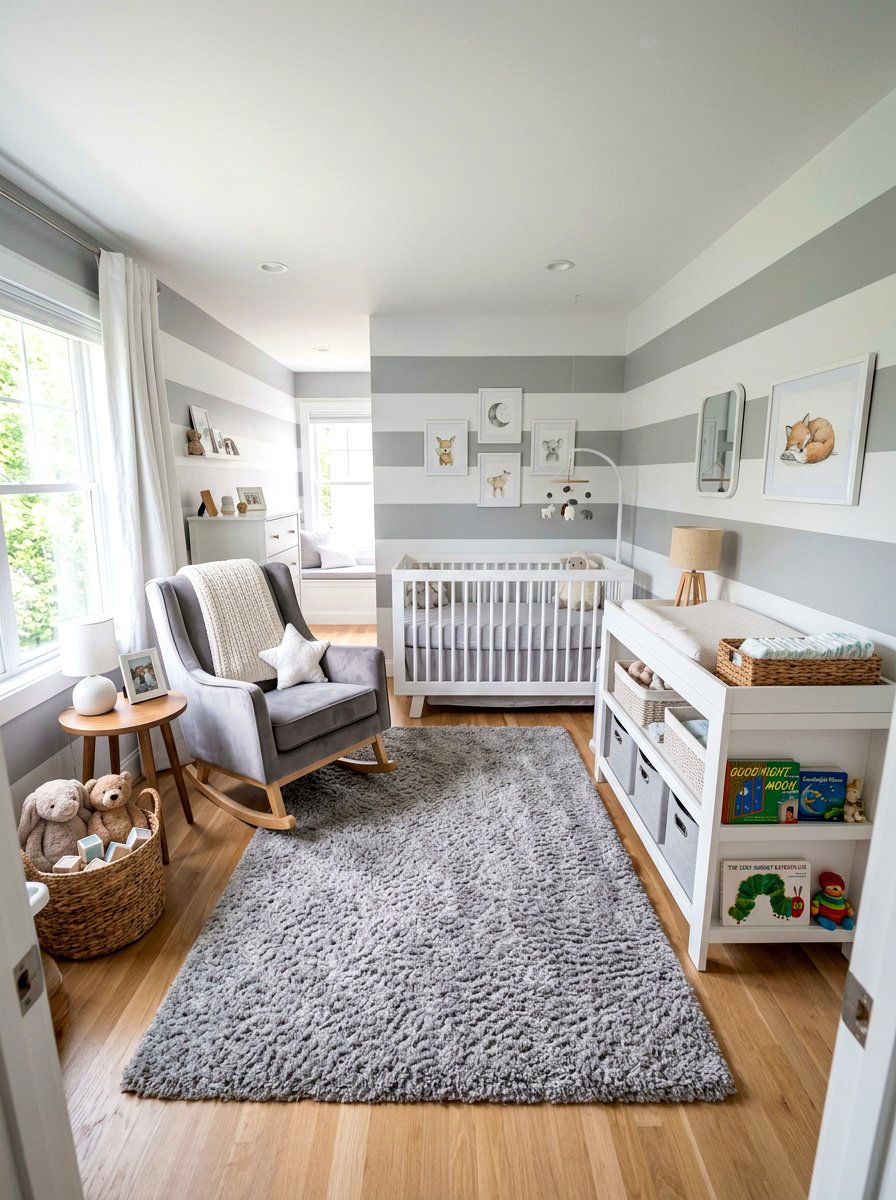 Horizontal Gray Stripe Baby Room - 30 stripe nursery wallpaper ideas