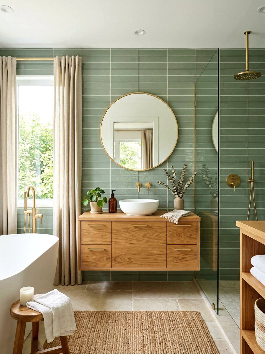 Horizontal Stacked Sage Green Bathroom - 30 stacked tile bathroom ideas