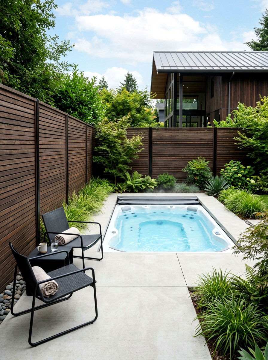 Horizontal Wood Slat Fence - 30 hot tub privacy fence ideas