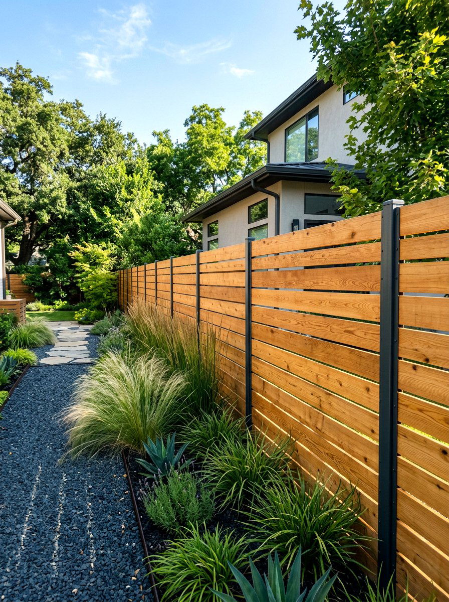 Horizontal Wood Slat Fence - 30 side yard privacy fence landscaping ideas