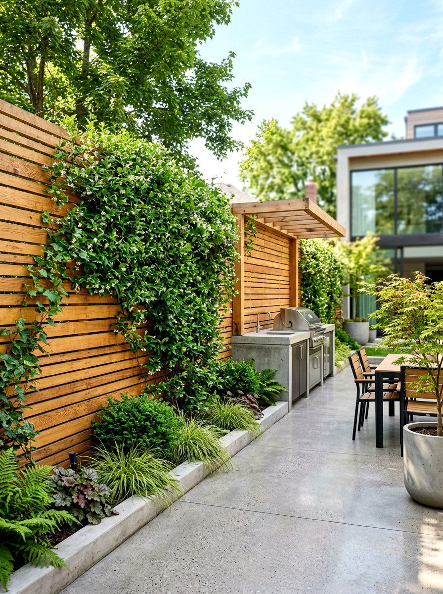 Horizontal Wood Slats With Greenery - 30 hedge wall patio ideas