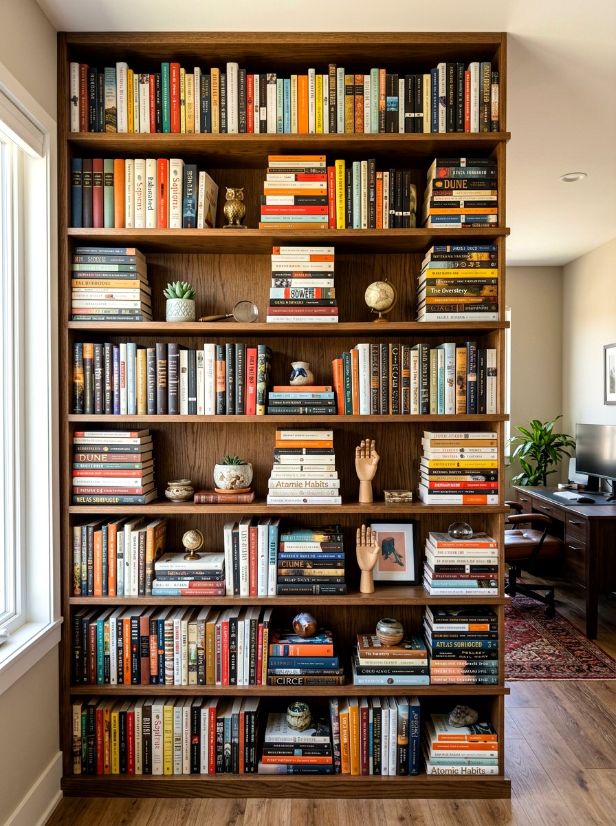 Horizontal and vertical book stacks - 30 office bookshelf styling ideas