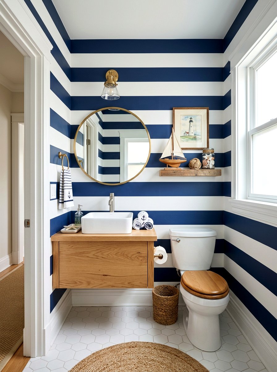 Horizontal blue and white stripes - 30 striped powder room ideas