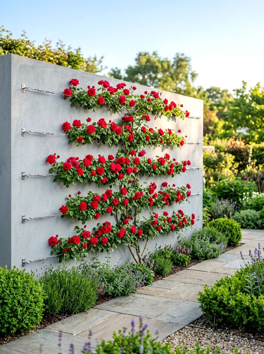 Horizontal wire espalier - 30 climbing rose trellis ideas