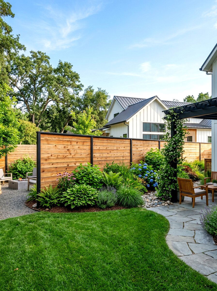 Horizontal wood fence - 30 farmhouse backyard ideas