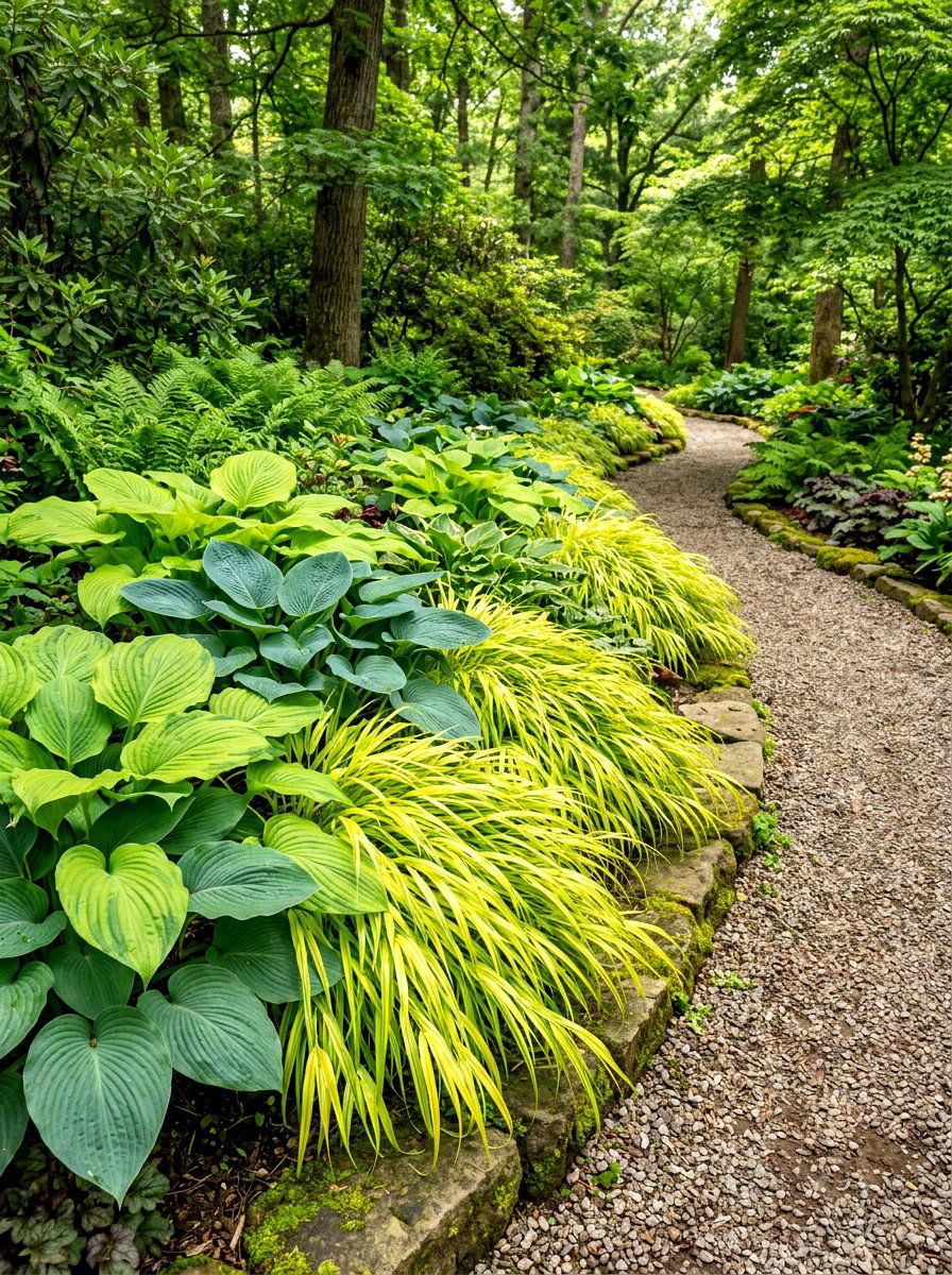 Hosta and Japanese forest grass - 30 hosta border ideas