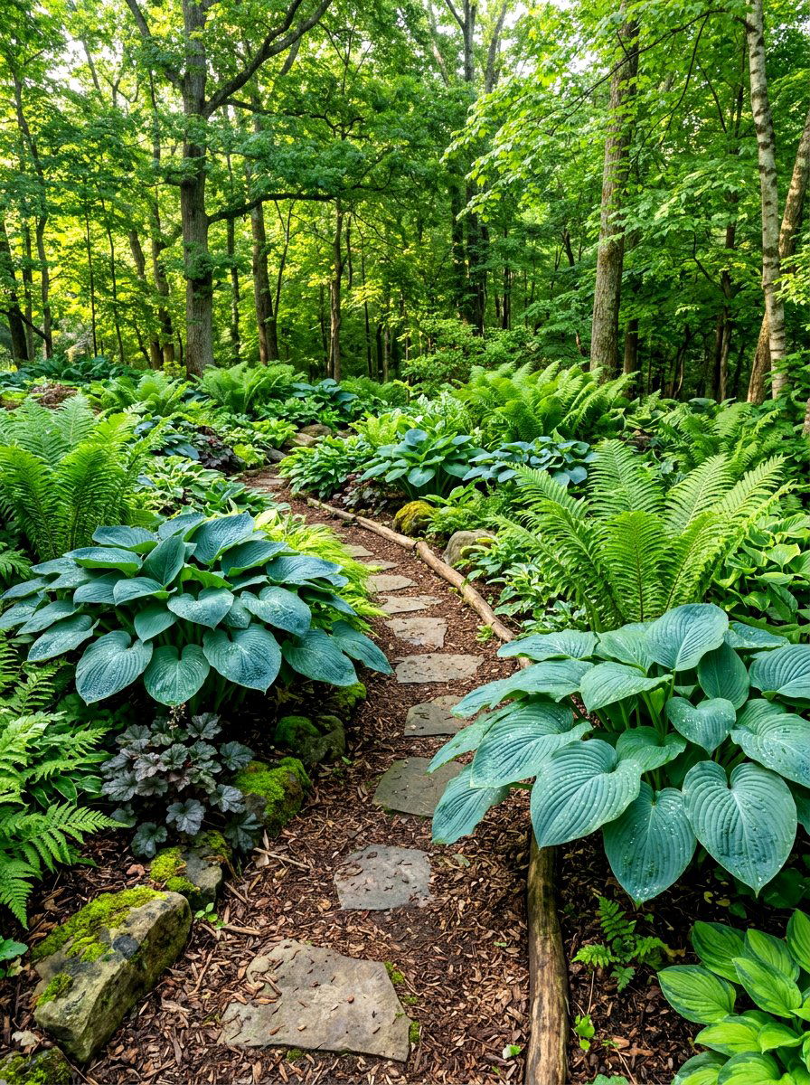 Hosta and fern garden - 30 shade perennial garden ideas