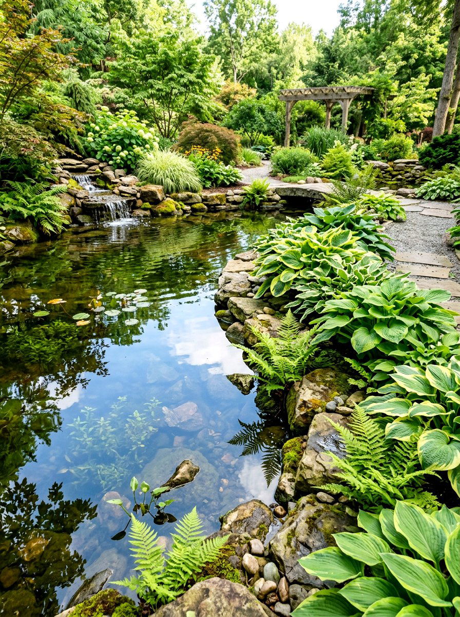 Hosta fern water feature landscape - 30 hosta and fern garden ideas