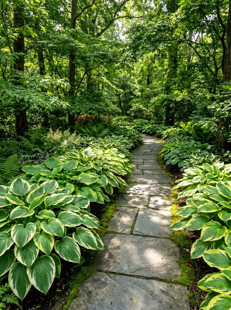 Hosta shaded garden path - 30 walkway border planting ideas