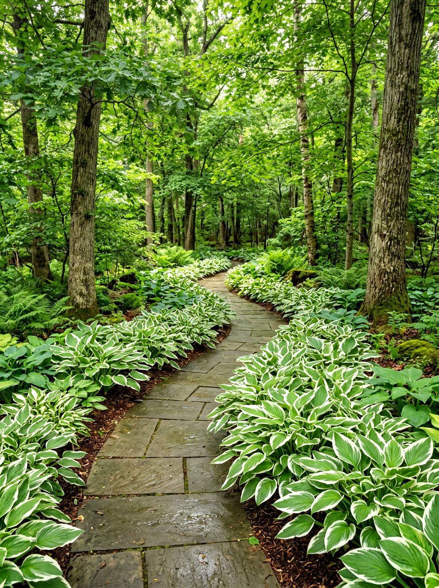 Hostas for shaded walkway - 30 front path flower bed ideas
