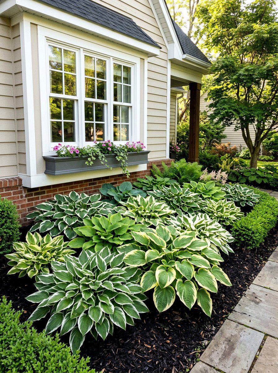 Hostas under front window - 30 foundation landscaping ideas