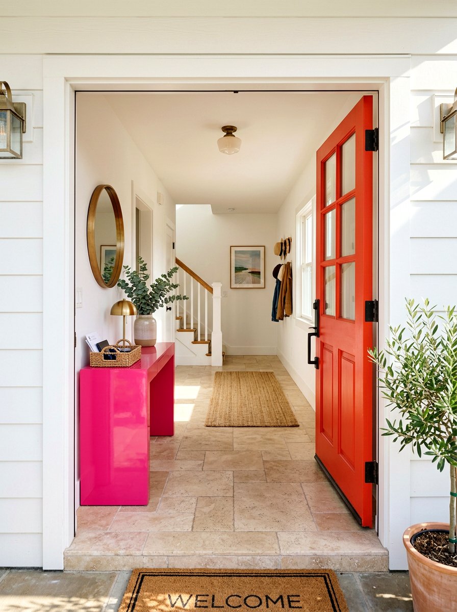 Hot pink and tomato red entryway - 30 pink and red home decor ideas