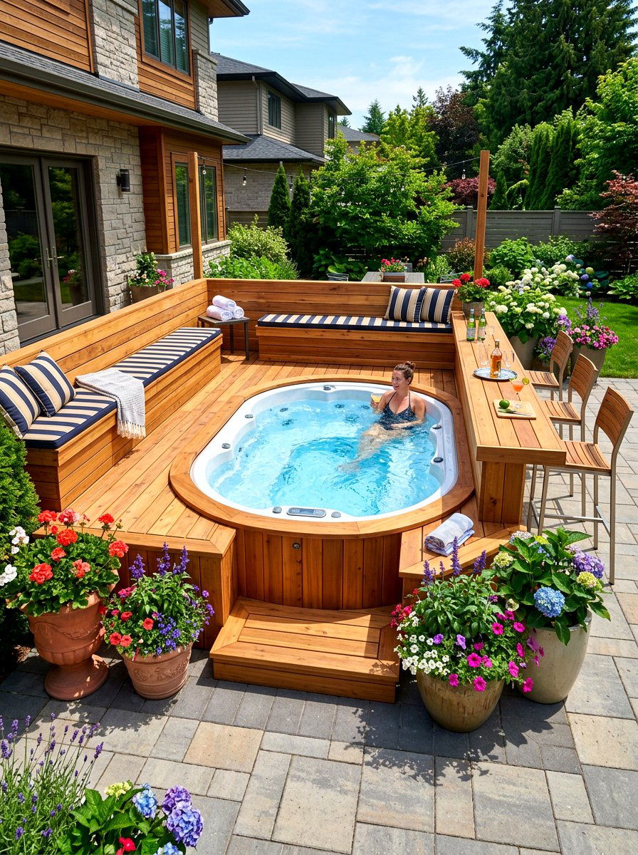 Hot tub built in seating - 30 small hot tub patio ideas